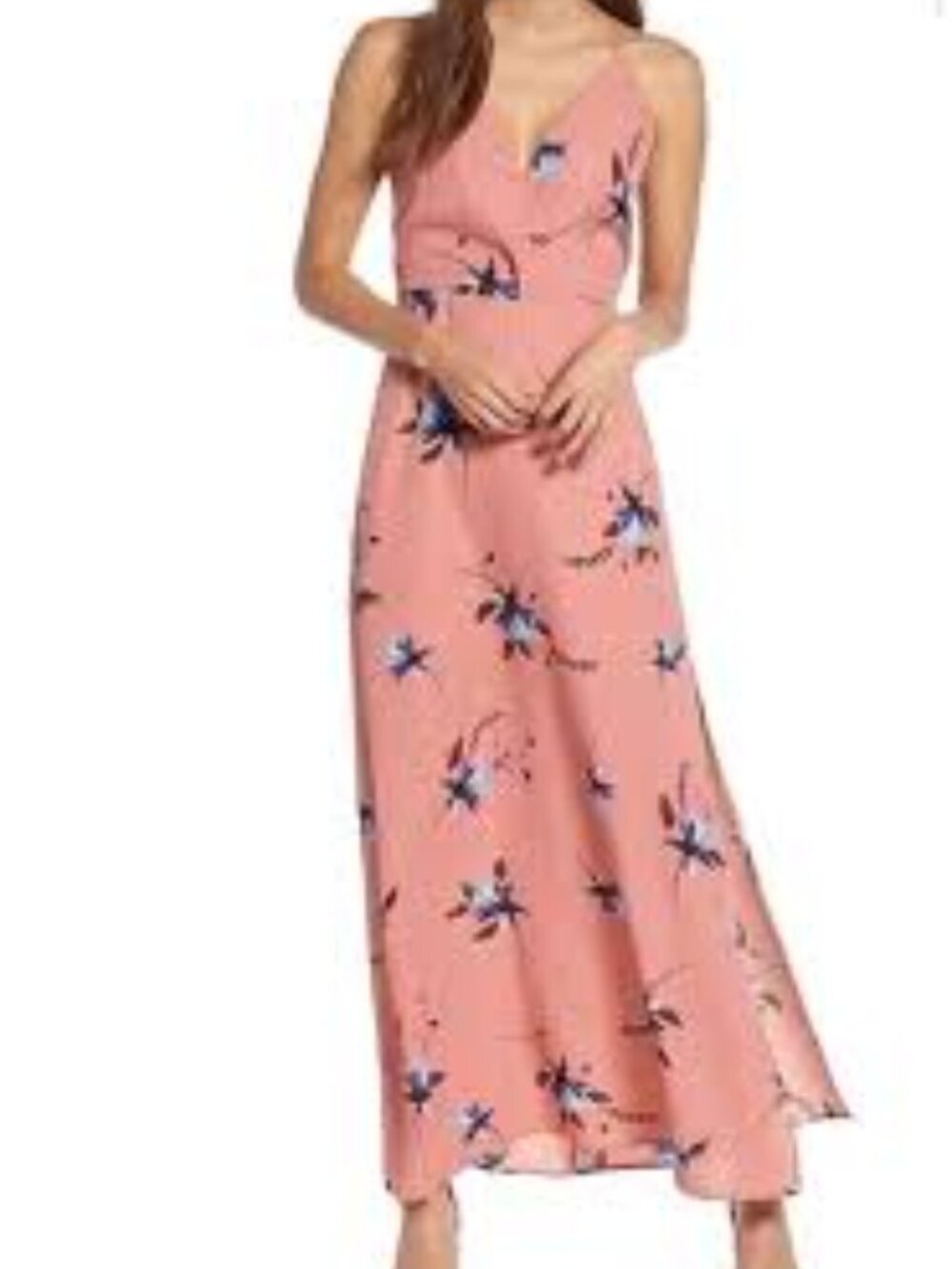 LUSH Floral Pink Maxi Slip Dress with Blue Accents Size S